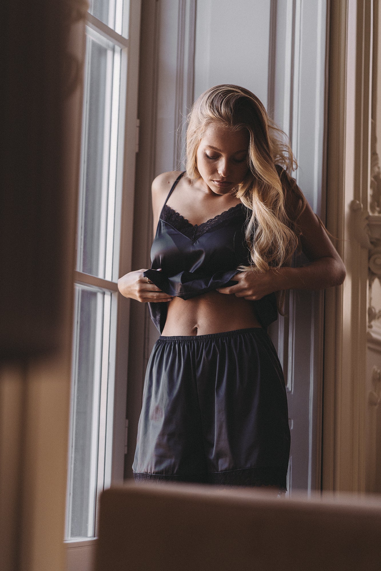 BLACK SATIN & LACE SHORTS (OUT OF STOCK)