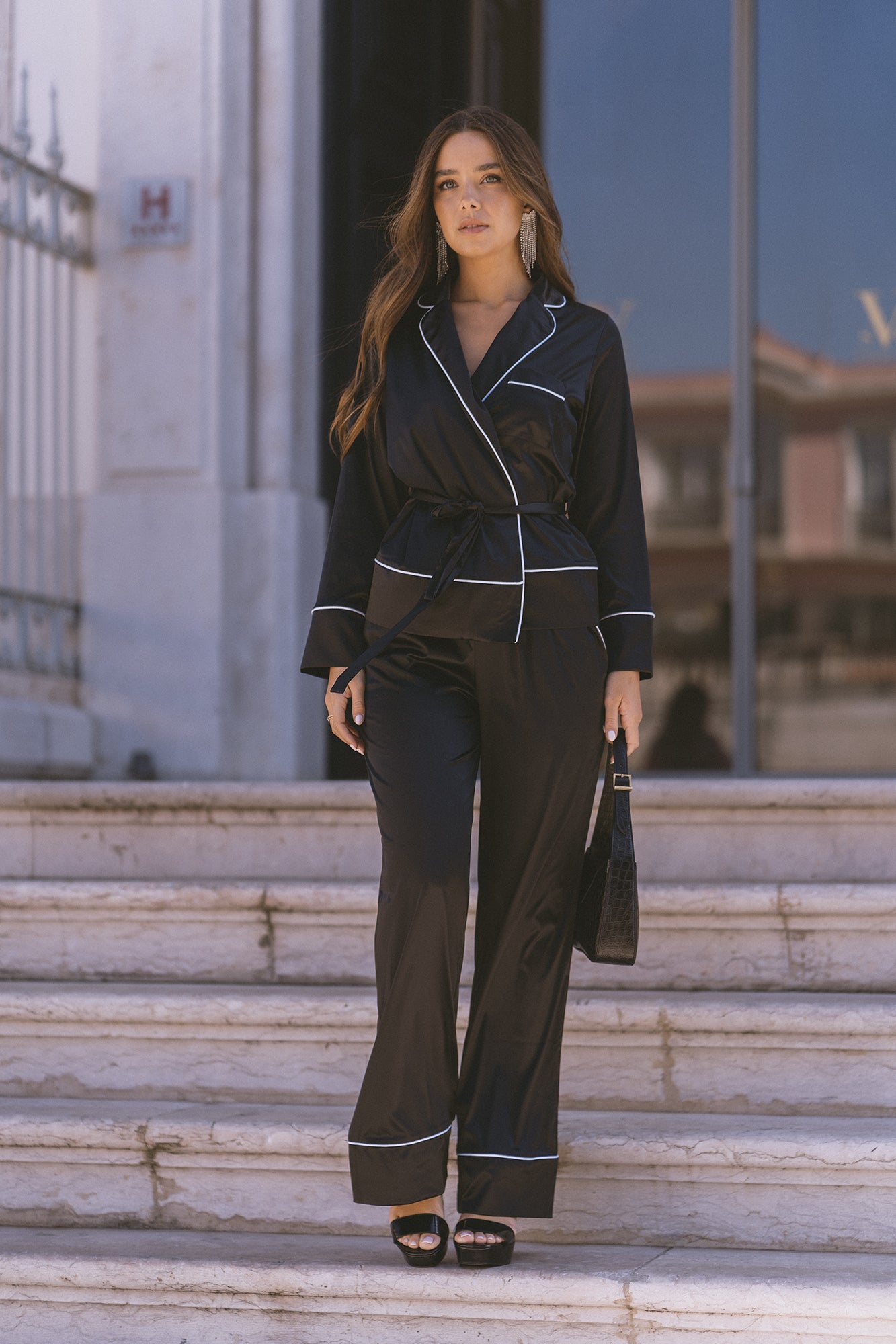 BLACK SATIN PJ SHIRT