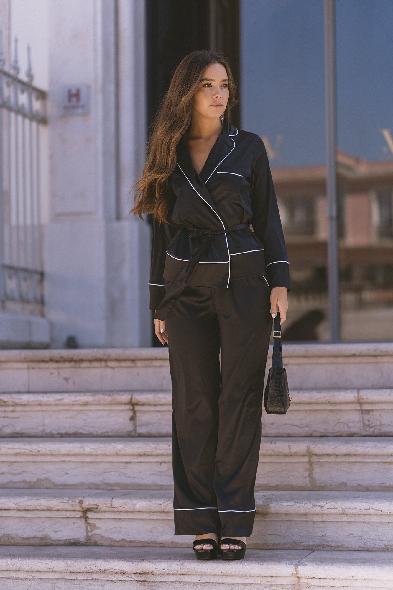 BLACK SATIN PJ TROUSERS
