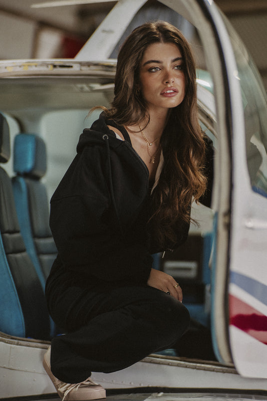 BLACK TRACKSUIT ZIP-UP HOODIE