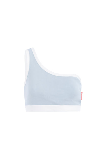 SOFT TOUCH ONE SHOULDER LIGHT BLUE CROP TOP