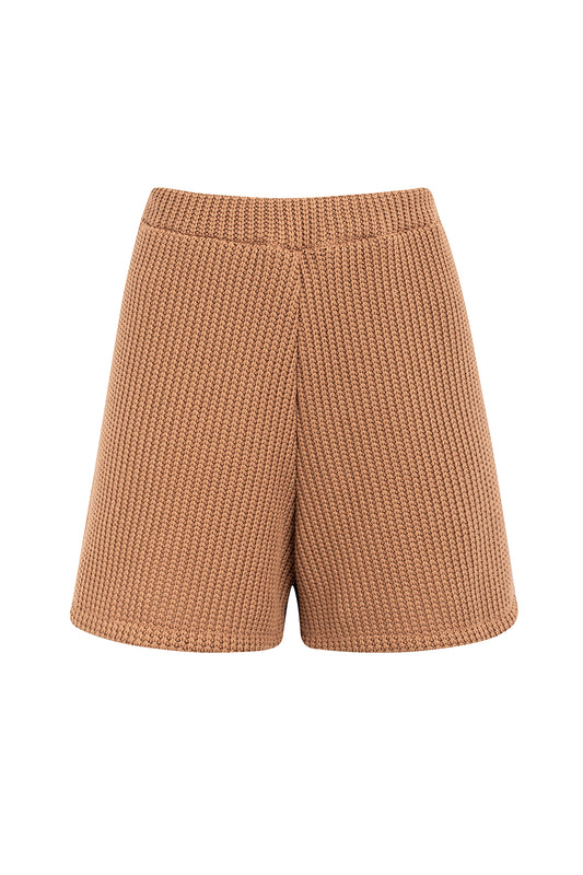 CAMEL RIBBED KNIT SHORTS