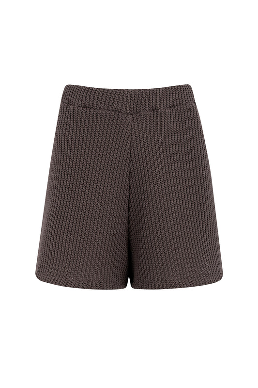 BROWN RIBBED KNIT SHORTS