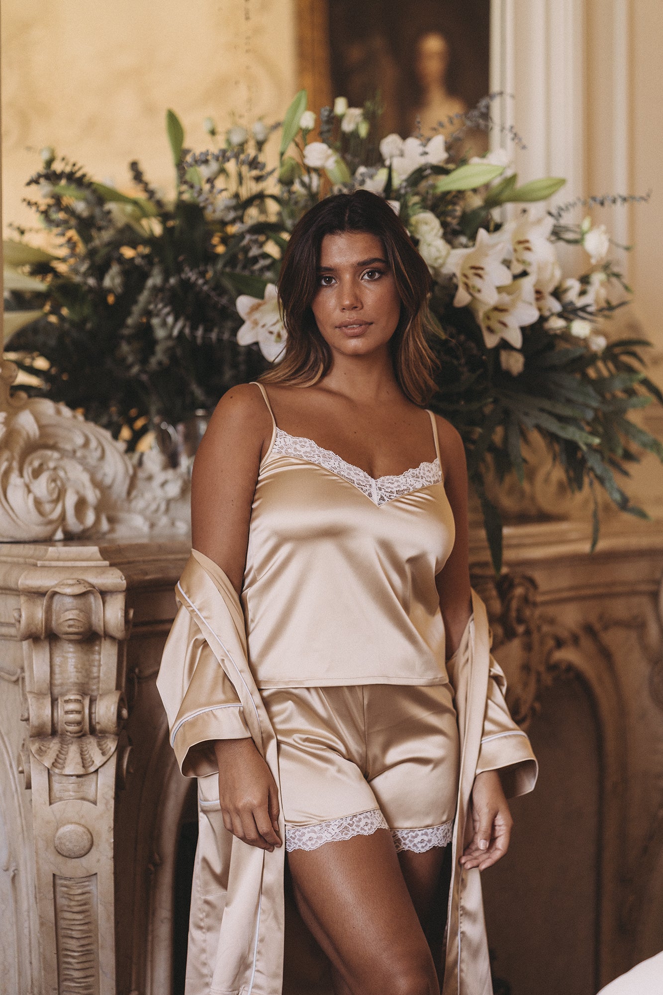 CHAMPAGNE SATIN &amp; LACE SHORTS
