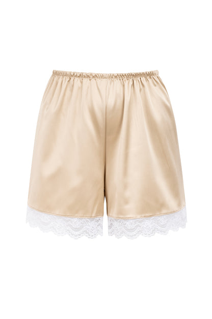 CHAMPAGNE SATIN &amp; LACE SHORTS